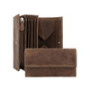 A brown leather wallet featuring multiple compartments and a zippered pocket, with a logo present.