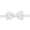 A glossy white bow tie on a fabric strap, featuring a simple design and a smooth texture.