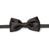 A glossy black bow tie on a satin strap, featuring a smooth texture and a simple design.