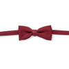 A burgundy bow tie with a smooth finish and adjustable strap. It features a logo on the label.