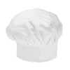 A white toque chef hat with a structured band and a soft, voluminous top. It features a logo.