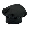 A black toque chef hat with a rounded, puffy design and a fitted band at the base, featuring a logo.