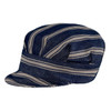 A blue and cream striped hat with a rounded crown and a short brim. The hat features a logo on its side.