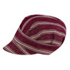 A maroon and cream striped hat with a unique design and a logo.