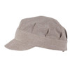 A grey hat with a flat visor and pleated detailing, featuring a logo on the side.