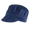 A navy blue cap with a structured design and a short brim, featuring a logo.