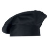 A black chef hat with a wide band and soft, rounded shape, featuring a logo.
