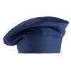 A navy blue chef hat with a soft, rounded top and flat brim, featuring a logo on the side.