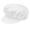A white cap with a rounded top and a small brim, featuring a gathered design and a logo.