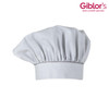 A white chef hat with a gathered design and a branded logo.