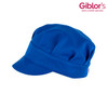 A blue hat with a structured brim and gathered fabric, featuring a logo on the side.