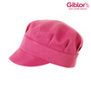A pink cap with a gathered top and wide brim, featuring a logo on the side.
