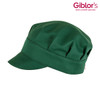 A green hat with a rounded crown and a short brim, featuring a logo.
