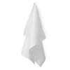 Two white kitchen towels hanging, with a smooth and soft texture, featuring a brand logo.