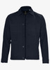 A navy unisex shirt jacket featuring front pockets and a button closure, with a branding logo present.
