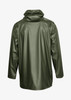 A unisex jacket in olive green with a hood, featuring a smooth, shiny surface and long sleeves.