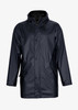 A navy unisex jacket with a hood, featuring a front closure and side pockets, includes branding on the fabric.