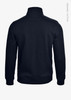 A dark navy unisex sweatshirt with a high neckline and a logo on the back. Made from organic cotton.