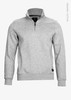 A grey unisex sweatshirt with a quarter zip collar and a logo on the side. Made from organic cotton.
