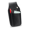 A black pouch wallet with compartments for a pen and cards, featuring a stylish design and a snap button.