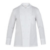 A white chef jacket with long sleeves, featuring a chest pocket and a branded logo.