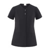 A black tunic with a round neckline, short sleeves, and two front pockets, featuring a button closure.