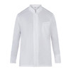 A white long-sleeve shirt with a mandarin collar and a small chest pocket, features a logo on the label.