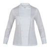A white chef jacket with long sleeves and a front button closure. It features a logo on the chest area.
