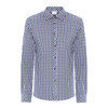 A button-up shirt in blue and white check pattern with a collar and long sleeves. It features a logo on the label.