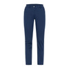 Navy blue trousers with a slim fit and classic pocket design. Features a waistband with a button and zipper.