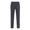 Dark grey slacks with a straight fit and a button closure, featuring a branding logo on the waistband.