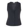 A tailored black vest featuring a notched collar, button closure, and two front pockets, with a logo detail.