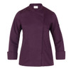 A purple chef jacket with long sleeves, featuring a rounded collar and a branding logo.