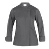 A grey chef's jacket with a mandarin collar and long sleeves featuring rolled cuffs and a logo on the sleeve.