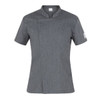 A grey chef jacket featuring a mandarin collar and short sleeves, with a pocket and a logo on one sleeve.