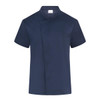 A navy chef jacket featuring a short sleeve design and a chest pocket. It includes a branding logo.