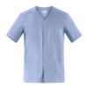 A blue tunic with short sleeves, featuring a v-neck and multiple pockets. It has a small label and branding.