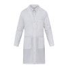 A white lab coat featuring a collar, long sleeves, and multiple pockets. It has a branded logo on it.