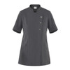 A grey tunic with short sleeves, featuring a unique collar and buttons. It has pockets and a branding logo.