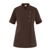 A brown tunic with short sleeves, featuring a mandarin collar and three decorative buttons, accompanied by side pockets.