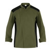 An olive green chef jacket featuring black accents and a fitted design, with a logo on the sleeve.