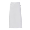 A white apron with a wrap design, featuring a button and a logo. Suitable for various work settings.