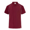 A maroon chef jacket with contrasting piping and a stylish wrap design, featuring a logo on the label.