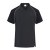 A black chef jacket featuring short sleeves and white piping, designed for professional kitchen wear.
