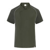 A short-sleeved chef jacket in dark green with contrasting piping, featuring a logo on the neckline.