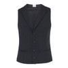 A black sleeveless vest with a notched collar and button closure, featuring two front pockets.