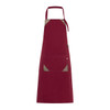 A burgundy apron with tan accents and a pocket, featuring a logo. Ideal for workwear use.
