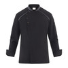 A black chef jacket featuring a modern design with a button-up front and long sleeves. It includes a logo on the sleeve.
