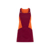 A maroon and orange Levante apron with a pinafore design, featuring two front pockets and snap buttons.
