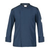 A navy chef jacket featuring long sleeves, a collarless design, and a single pocket with a logo.